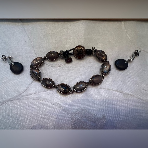 Fossil Bronzetone, Oval Real Stone & CZ Bead Bracelet w/ earrings - Picture 1 of 6